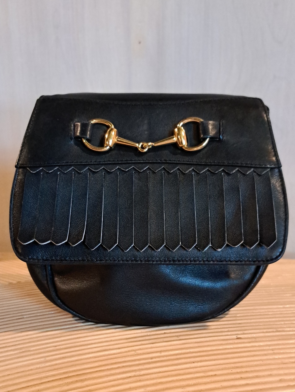 Gucci Vintage Black Calfskin Horsebit Belt Bag with Fringe